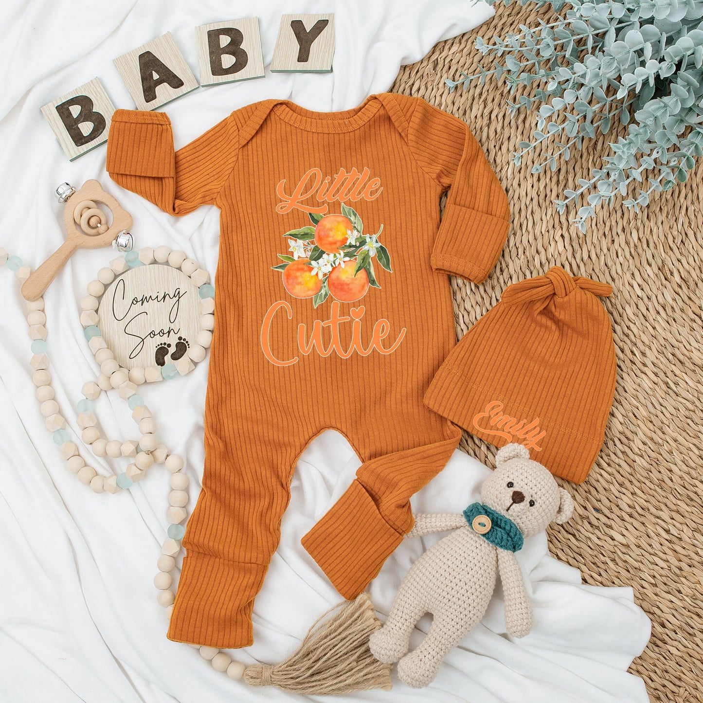 Personalized Baby Bodysuit and Hat Set Little Cutie Peach Orange Cursive Design New Baby Gift Going Home Outfit Newborn Girl Keepsake
