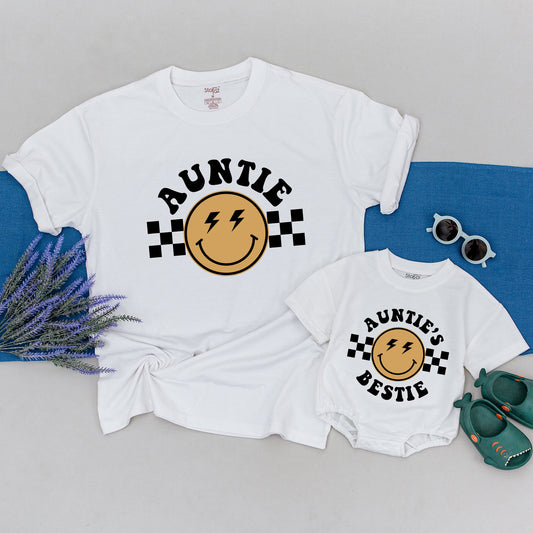 Personalized Auntie or Bestie Retro Vintage Shirt, Black Mustard Yellow Checkered Lightning Face Tee Gift for First Time Aunt
