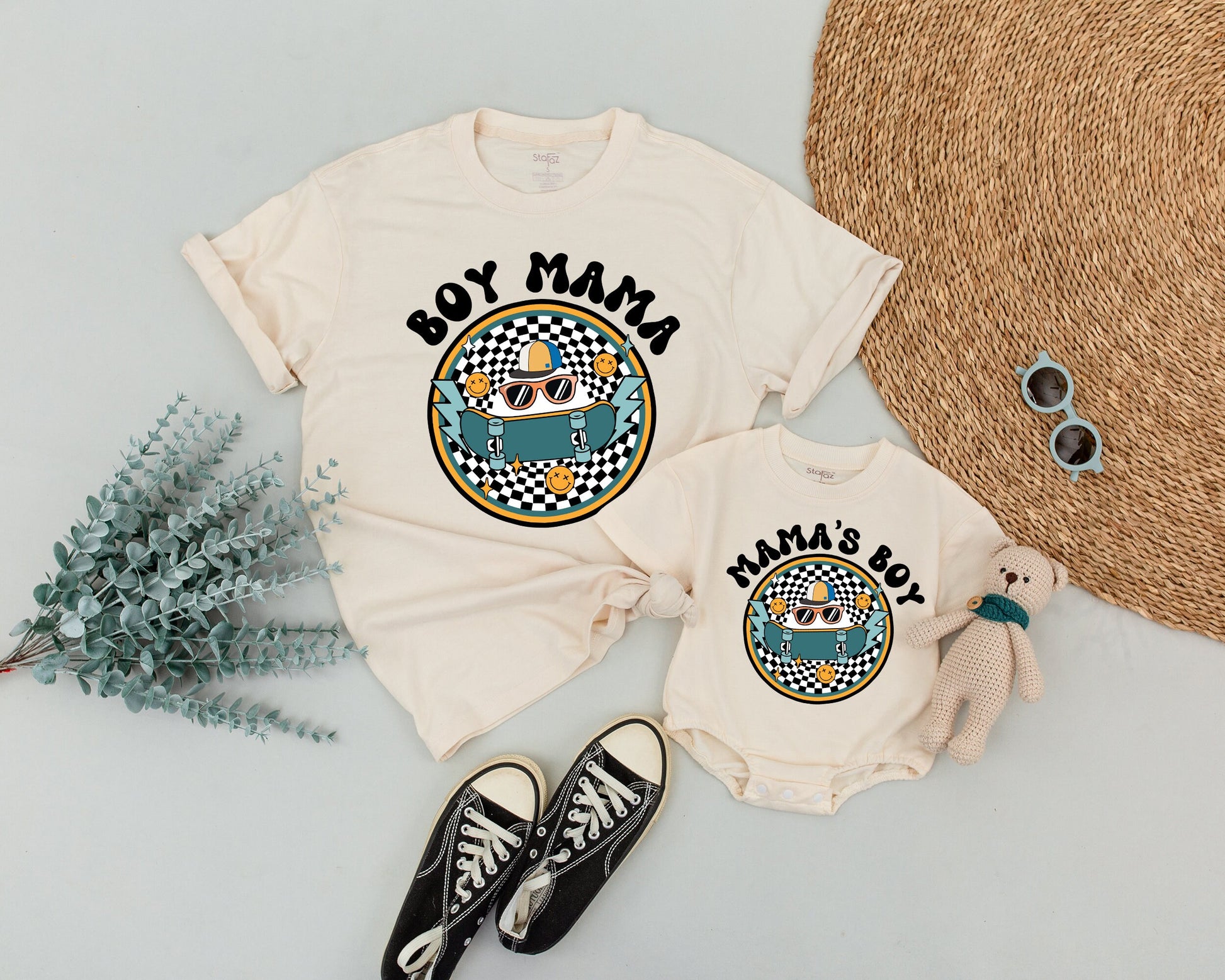 Personalized Matching Boy Mama Son Shirts Retro Skateboard Groovy Mom & Me Outfit Checkerboard Smiley Face Vintage Family Birthday Celebration Set