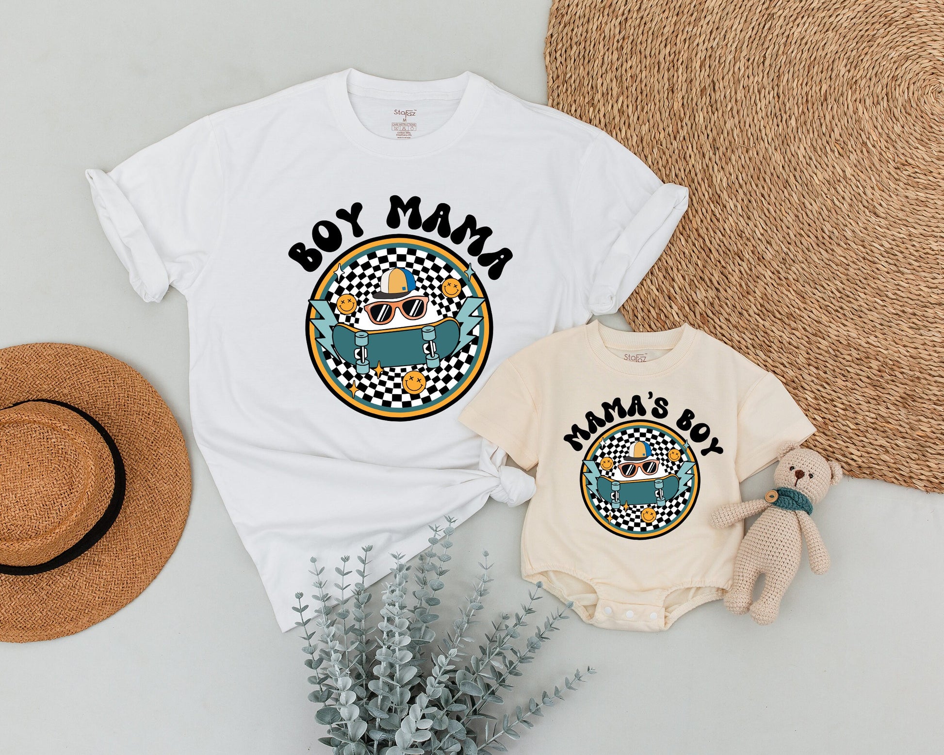 Personalized Matching Boy Mama Son Shirts Retro Skateboard Groovy Mom & Me Outfit Checkerboard Smiley Face Vintage Family Birthday Celebration Set