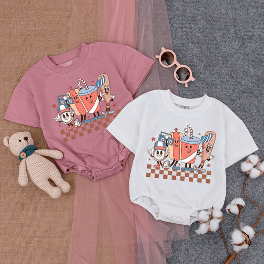 Groovy Retro Baseball Game Romper Short Sleeve Baby Bodysuit featuring fun cartoon characters like a hotdog baseball and soda for infant boys girls