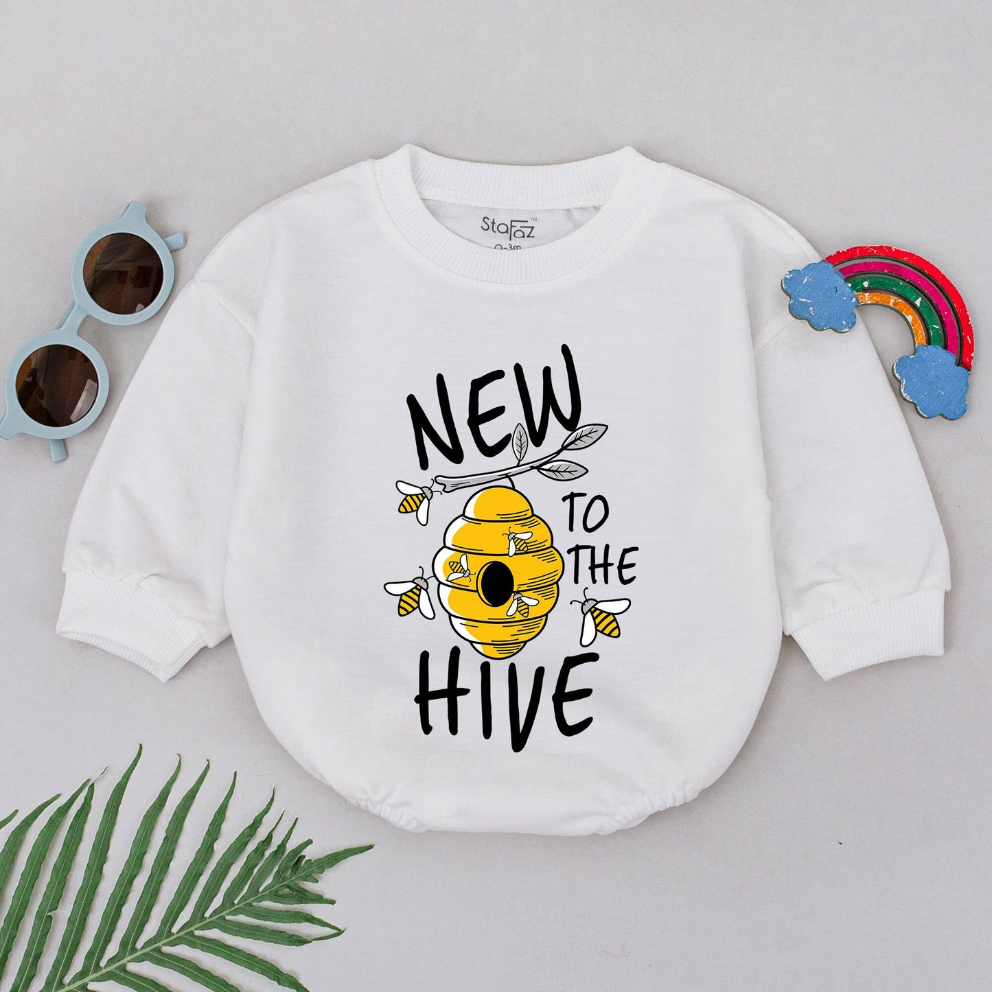 New to the Hive Baby Romper Cheerful Beehive & Buzzing Cartoon Bees Design for Girls Boys Newborn Baby Shower Gift Announcement Outfit Coming Home