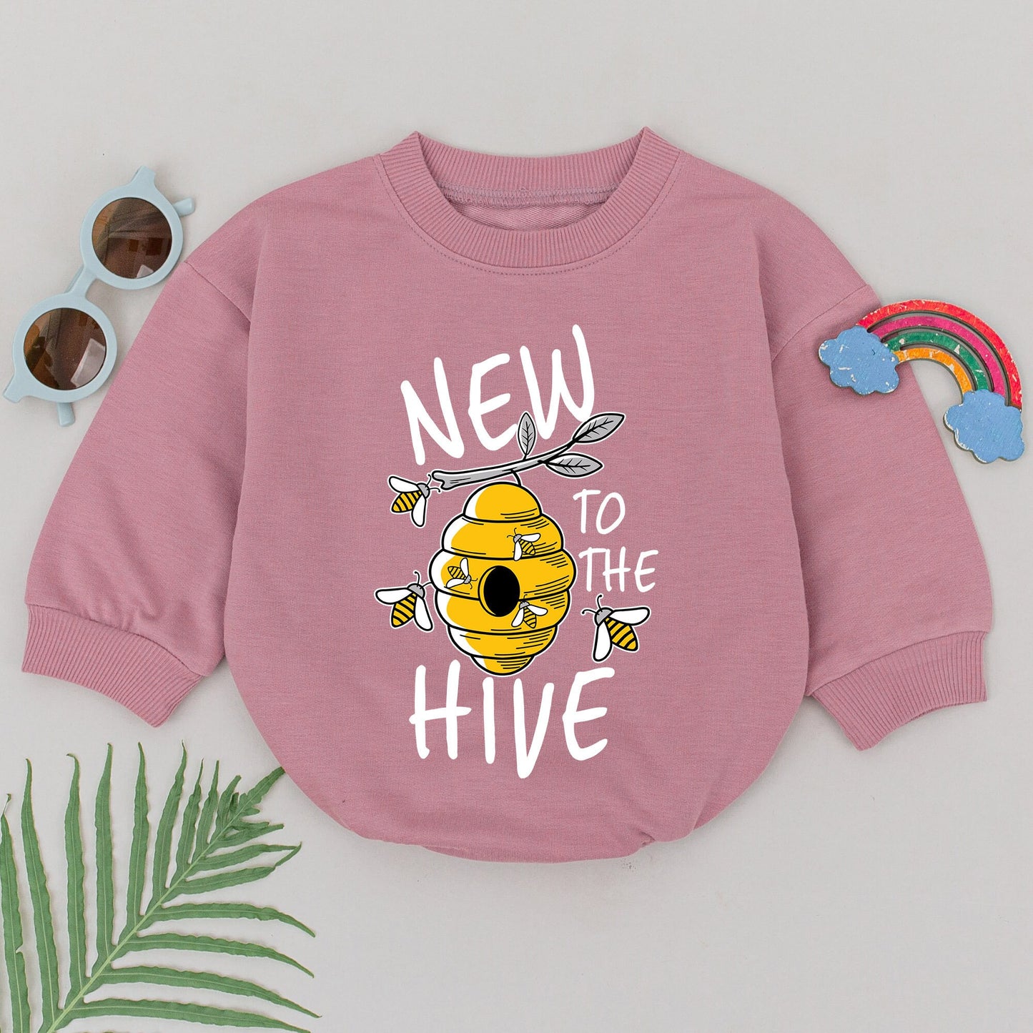 New to the Hive Baby Romper Cheerful Beehive & Buzzing Cartoon Bees Design for Girls Boys Newborn Baby Shower Gift Announcement Outfit Coming Home