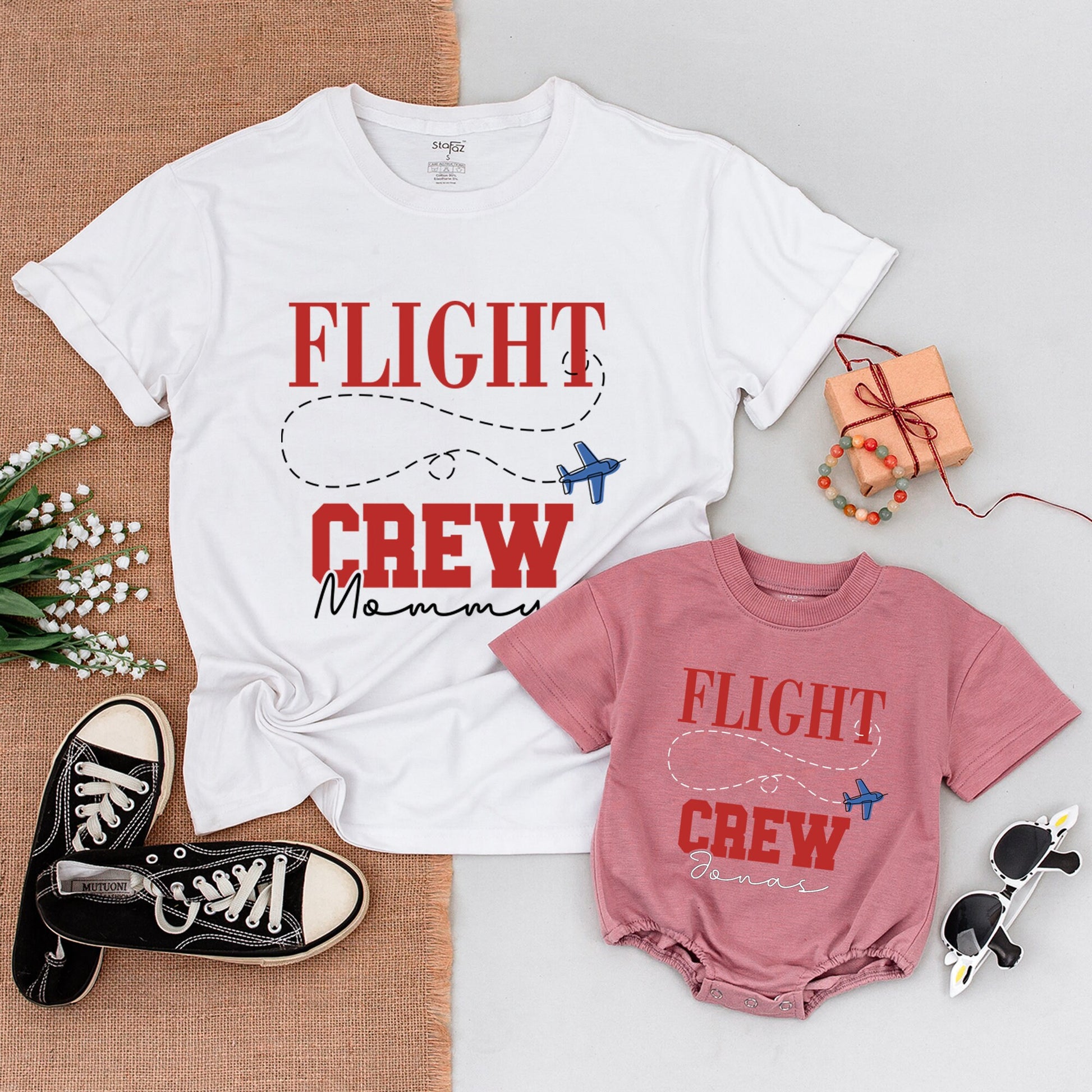 Personalized Flight Crew Family Birthday Shirts First Birthday Outfits Red Airplane Design Soft Cotton Baby Bodysuit Time Flew By Gift