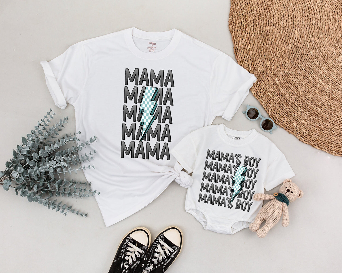 Mama and Mama's Boy Matching Outfits Featuring a Checkered Lightning Bolt Design Modern Mom Son Tee Set Playful Family Baby Shower Gift