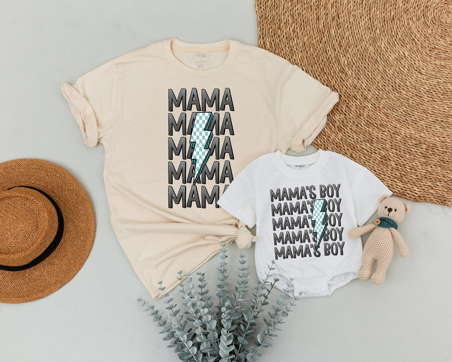 Mama and Mama's Boy Matching Outfits Featuring a Checkered Lightning Bolt Design Modern Mom Son Tee Set Playful Family Baby Shower Gift