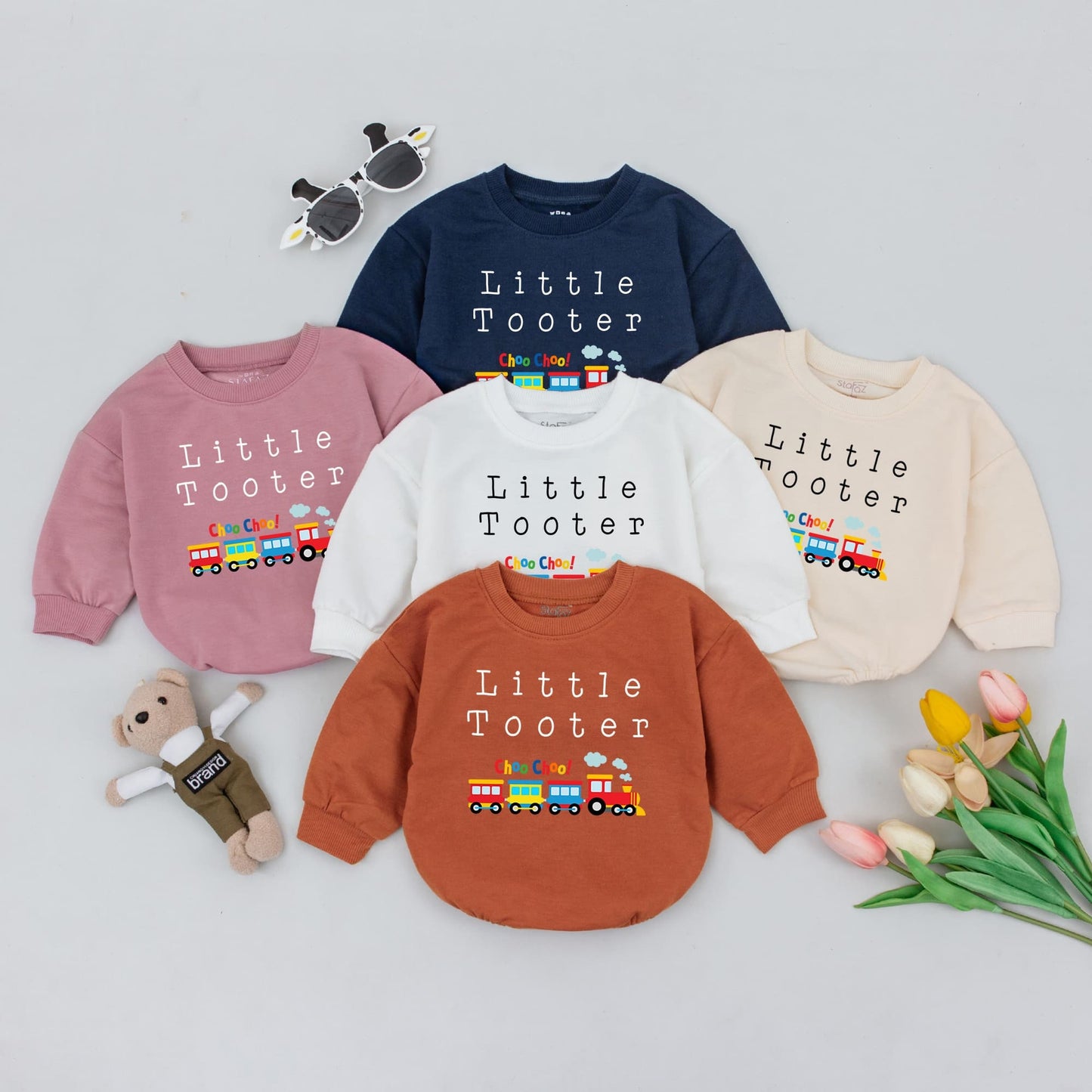 Little Tooter Train Baby Romper Choo Choo Colorful Minimalist Design Infant Outfit Newborn Shower Gift Gender Neutral Boy Girl Bodysuit