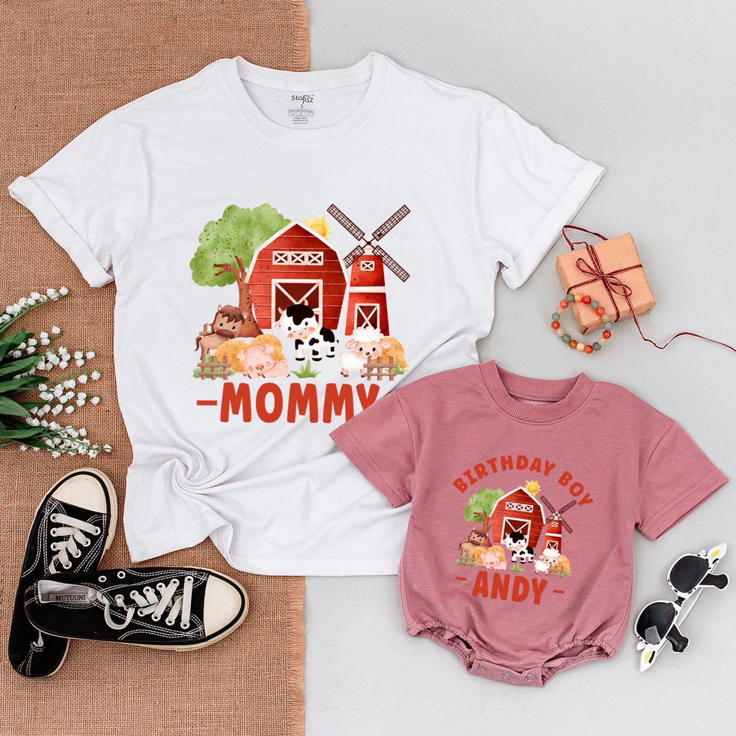 Rustic Watercolor Farm Birthday Family Matching Shirts Bodysuit Boy First Party Red Barn Animal Scene Mommy Daddy Sister Outfits