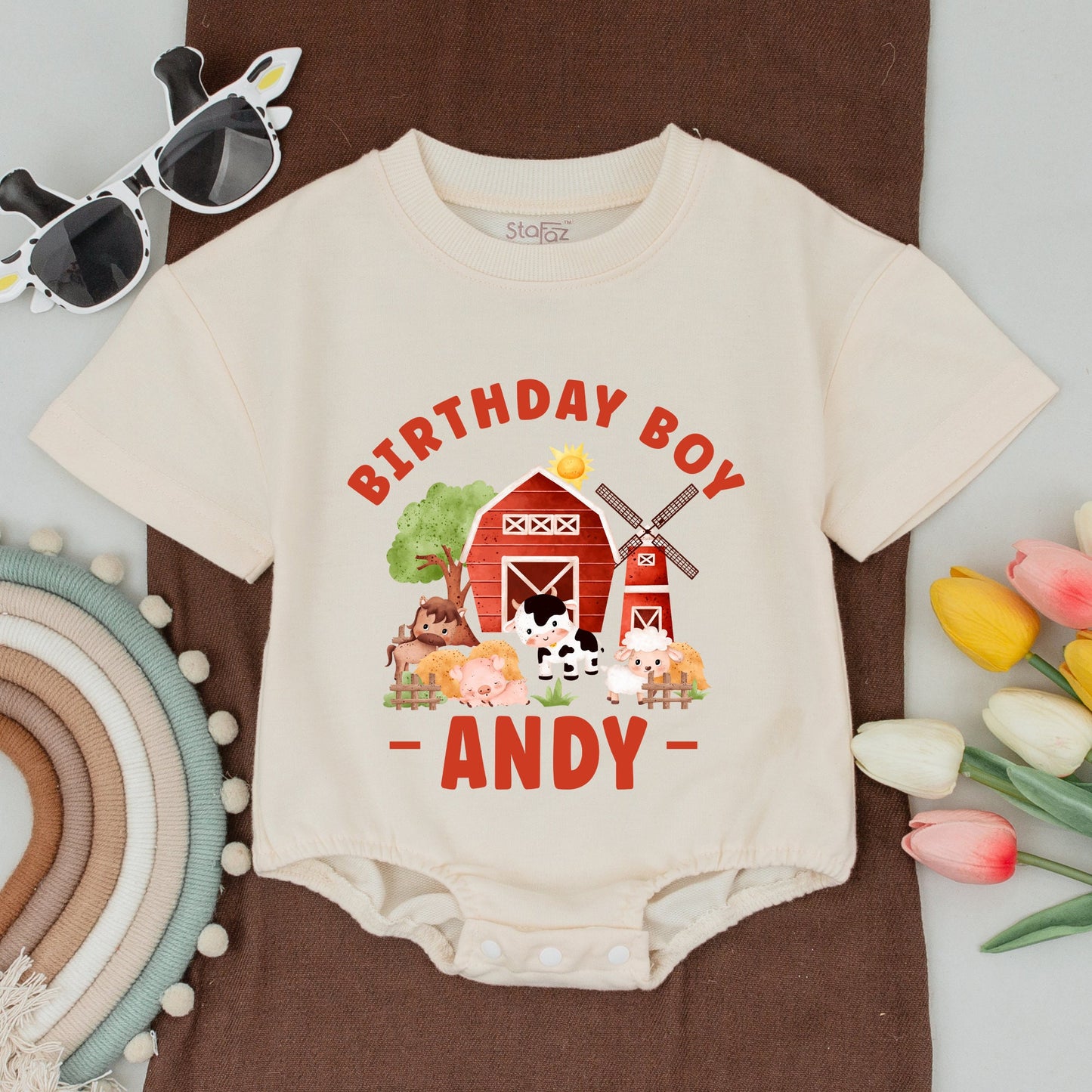 Rustic Watercolor Farm Birthday Family Matching Shirts Bodysuit Boy First Party Red Barn Animal Scene Mommy Daddy Sister Outfits