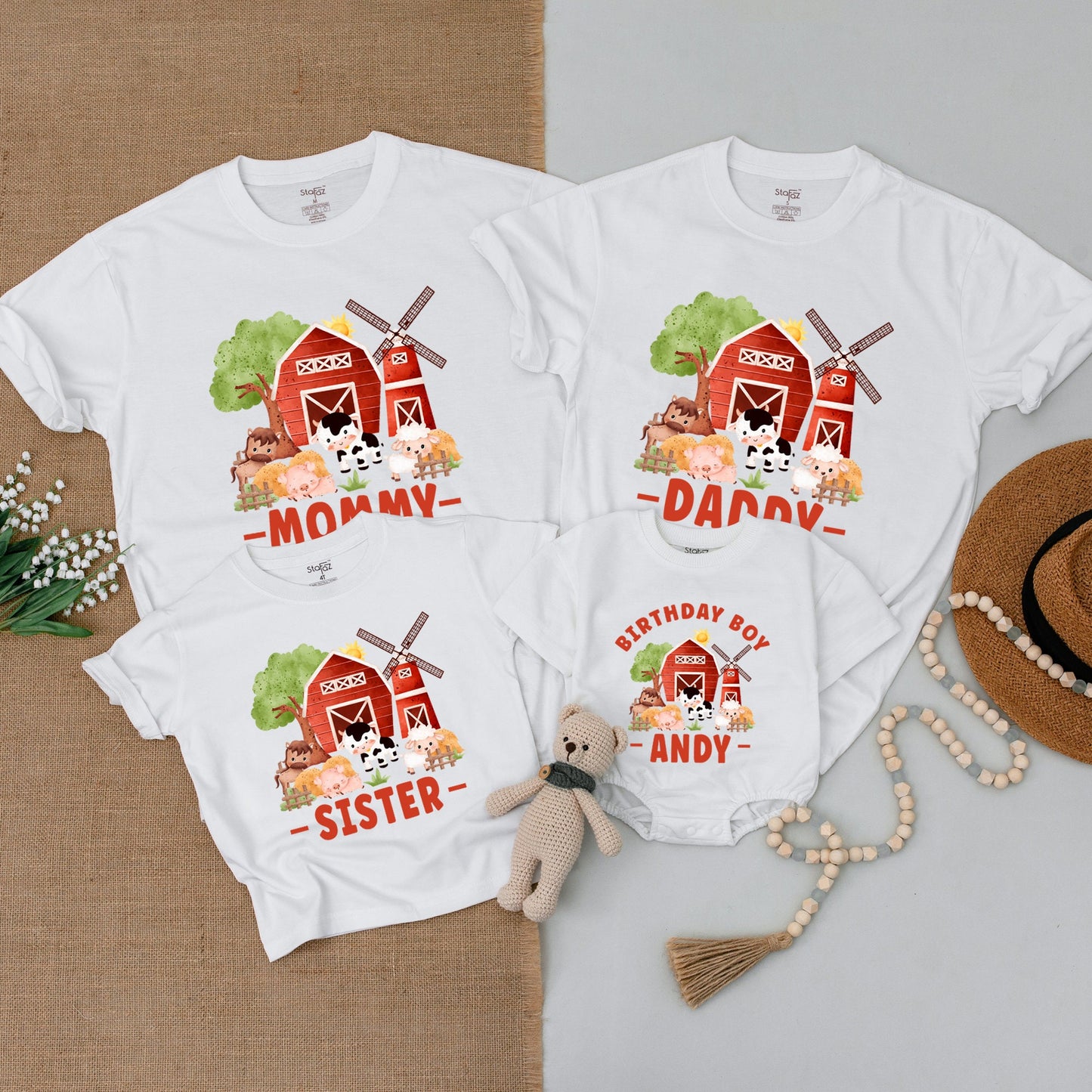 Rustic Watercolor Farm Birthday Family Matching Shirts Bodysuit Boy First Party Red Barn Animal Scene Mommy Daddy Sister Outfits