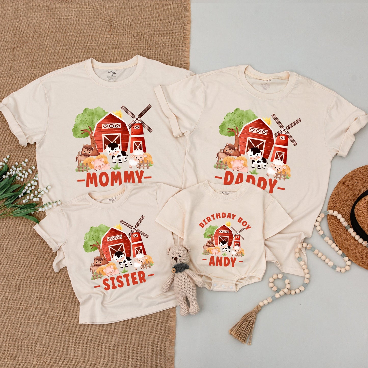 Rustic Watercolor Farm Birthday Family Matching Shirts Bodysuit Boy First Party Red Barn Animal Scene Mommy Daddy Sister Outfits