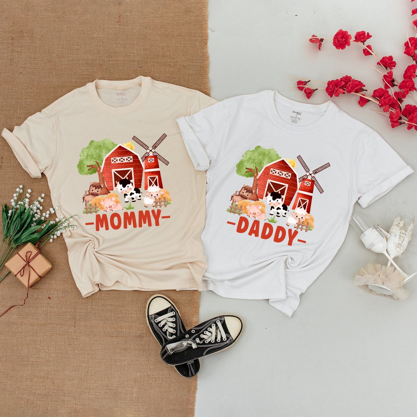 Rustic Watercolor Farm Birthday Family Matching Shirts Bodysuit Boy First Party Red Barn Animal Scene Mommy Daddy Sister Outfits