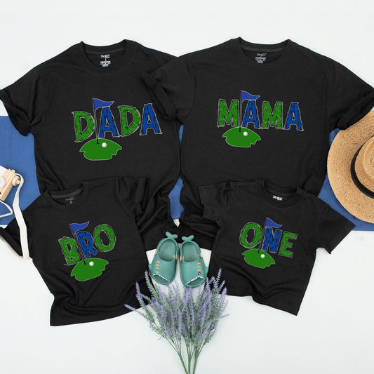 Playful Matching Golf Birthday Shirts Two-Toned Dada Mama Bro One Design First Birthday Hole in One Party Family Outfit Tee