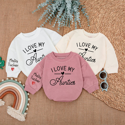 Personalized I Love My Aunties Baby Romper Malia Tucker Name Minimalist Heart Design Unisex Gender Neutral Little Bee Shower Gift