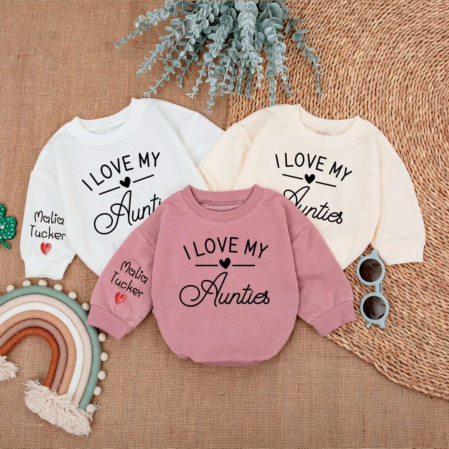 I Love My Aunties Custom Baby Romper with Name Sleeve Newborn Bodysuit Cute Gift from Auntie Pregnancy Announcement Baby Girl Boy Outfit