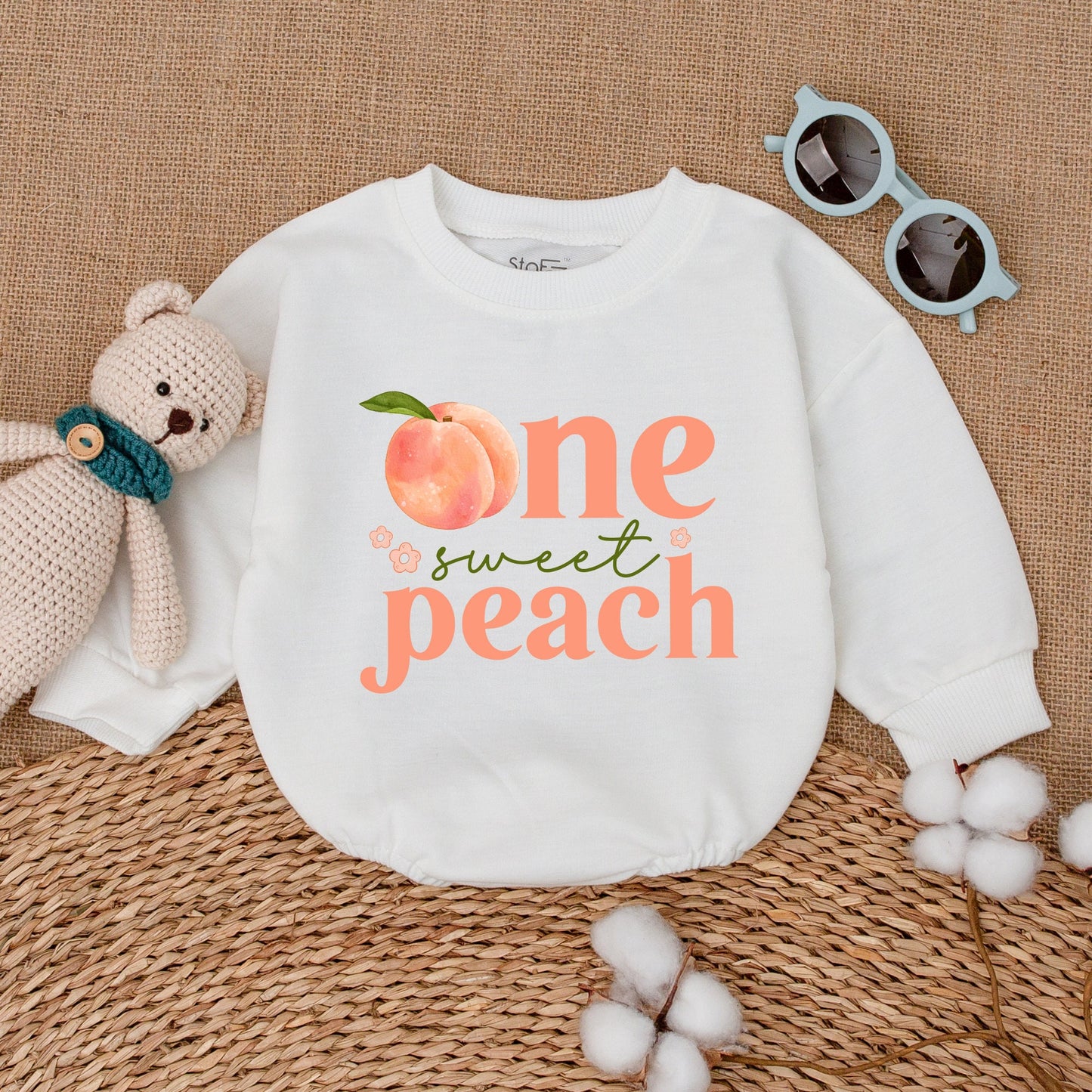 One Sweet Peach Baby Girl Romper First Birthday Outfit with Cute Watercolor Peach & Floral Design Soft Cotton Smash Cake Bodysuit