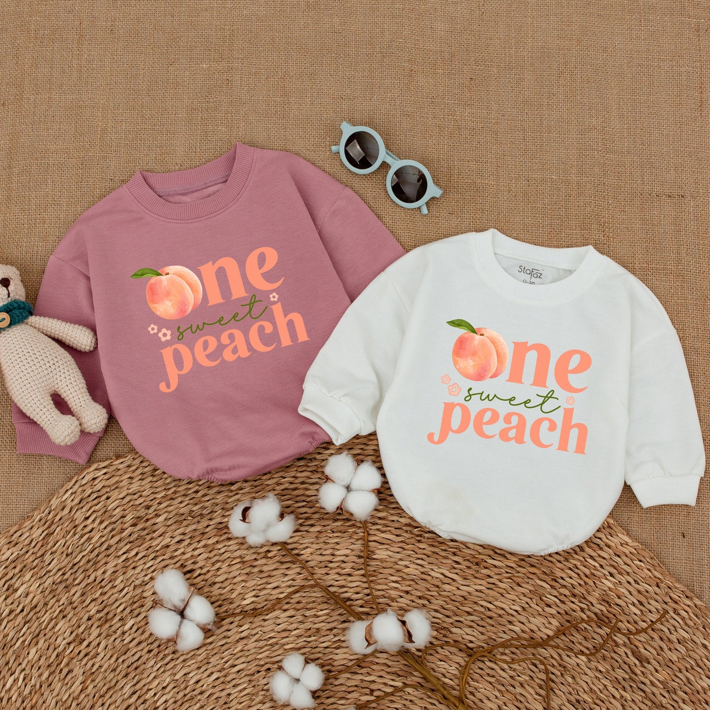 One Sweet Peach Baby Girl Romper First Birthday Outfit with Cute Watercolor Peach & Floral Design Soft Cotton Smash Cake Bodysuit