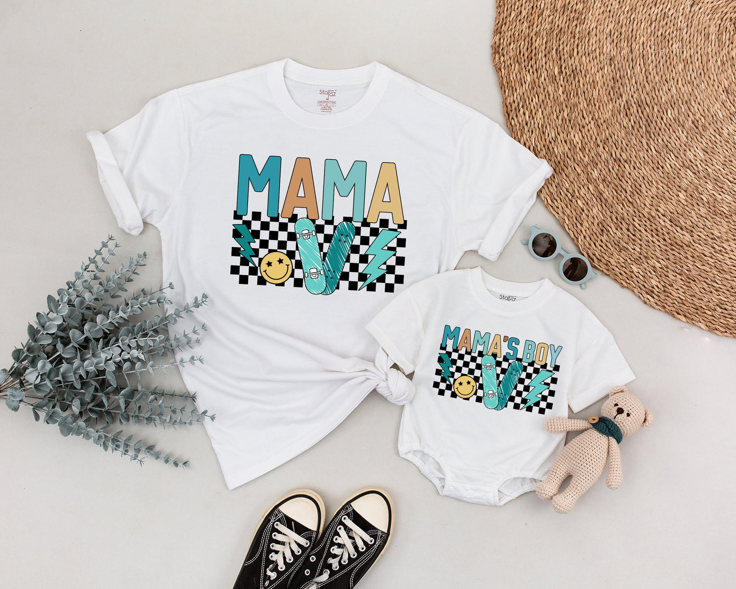 Personalized Retro Boy Mama and Son Matching Outfit Vintage 90s Checkered Skateboard Lightning Bolt Baby Shower Gift Soft Cotton Tee