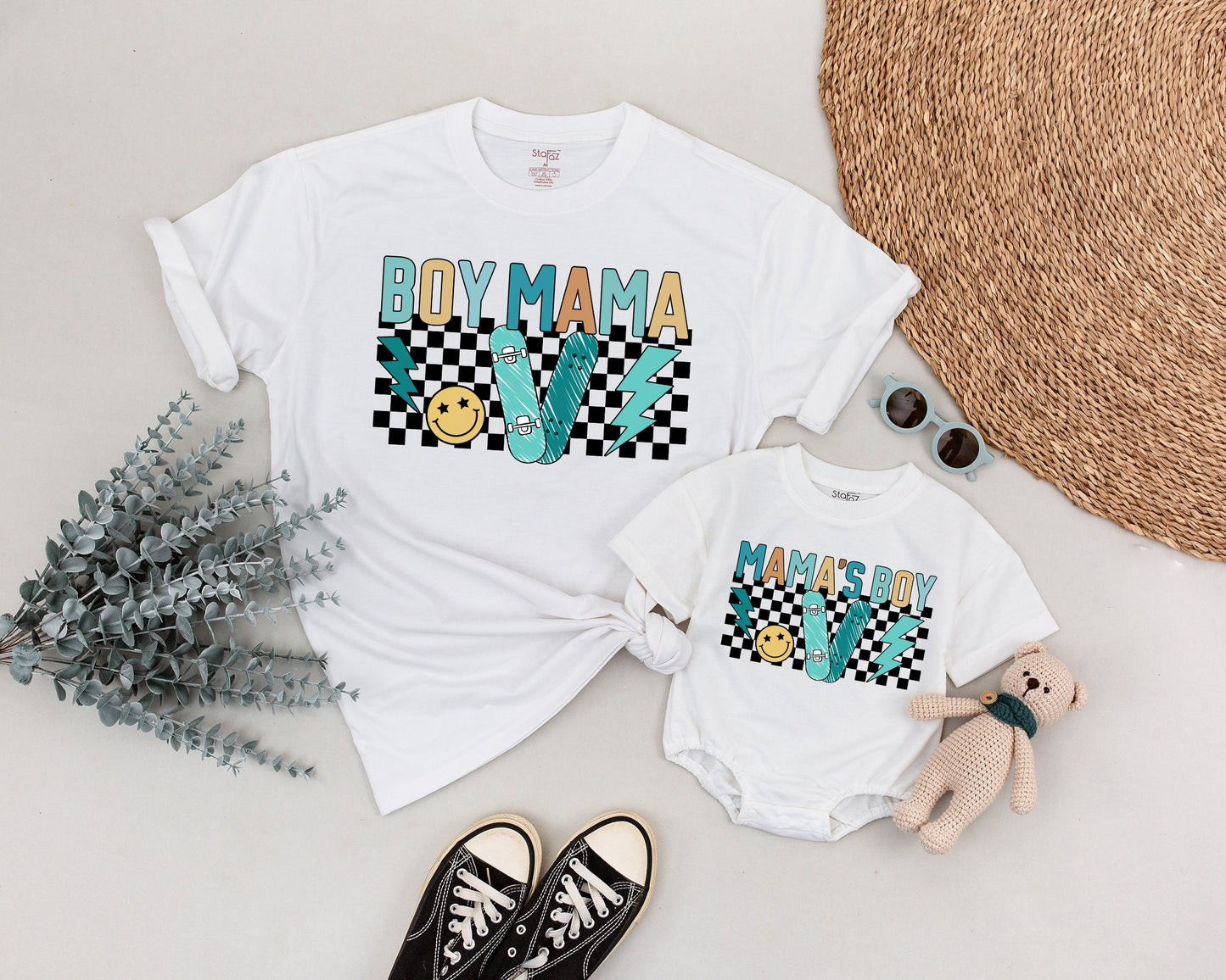 Personalized Retro Boy Mama and Son Matching Outfit Vintage 90s Checkered Skateboard Lightning Bolt Baby Shower Gift Soft Cotton Tee