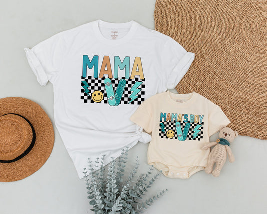 Personalized Retro Boy Mama and Son Matching Outfit Vintage 90s Checkered Skateboard Lightning Bolt Baby Shower Gift Soft Cotton Tee
