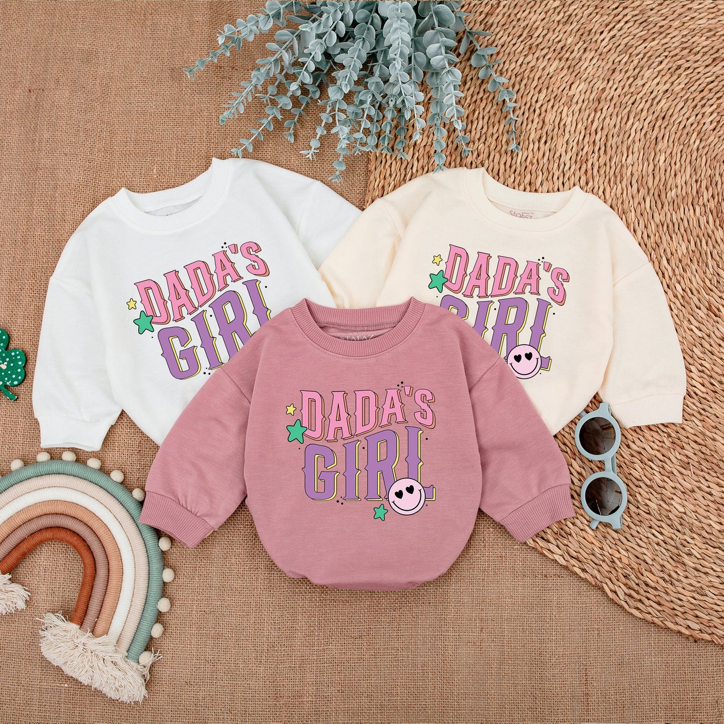 Dada's Girl Playful Pink Purple Romper with Heart Eye Smiley Face Stars Splatter Baby Girl Bodysuit Outfit Comfortable Gift