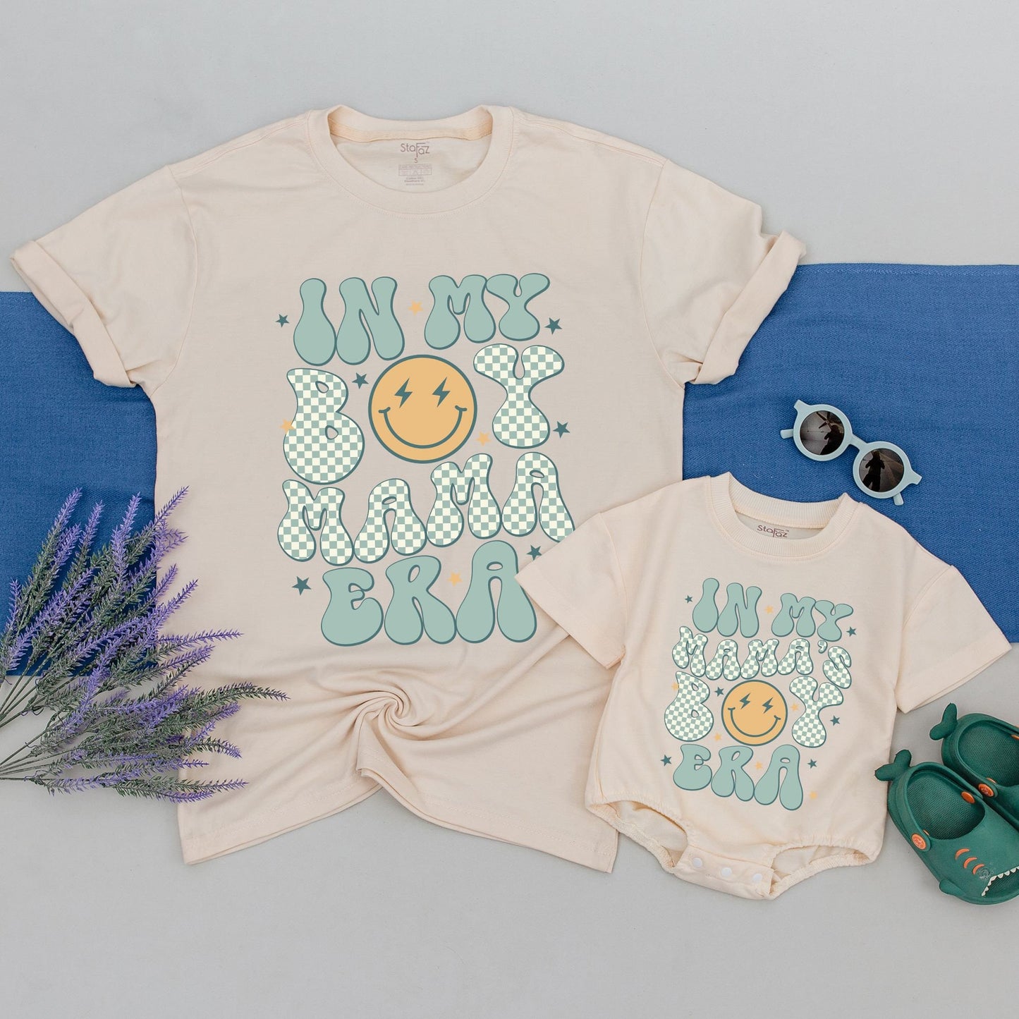 Matching Retro In My Boy Mama Era Shirt with Mamas Boy Era Design, Playful Checkerboard Mama Tee Lightning Star Vintage Gift New Boy Mama