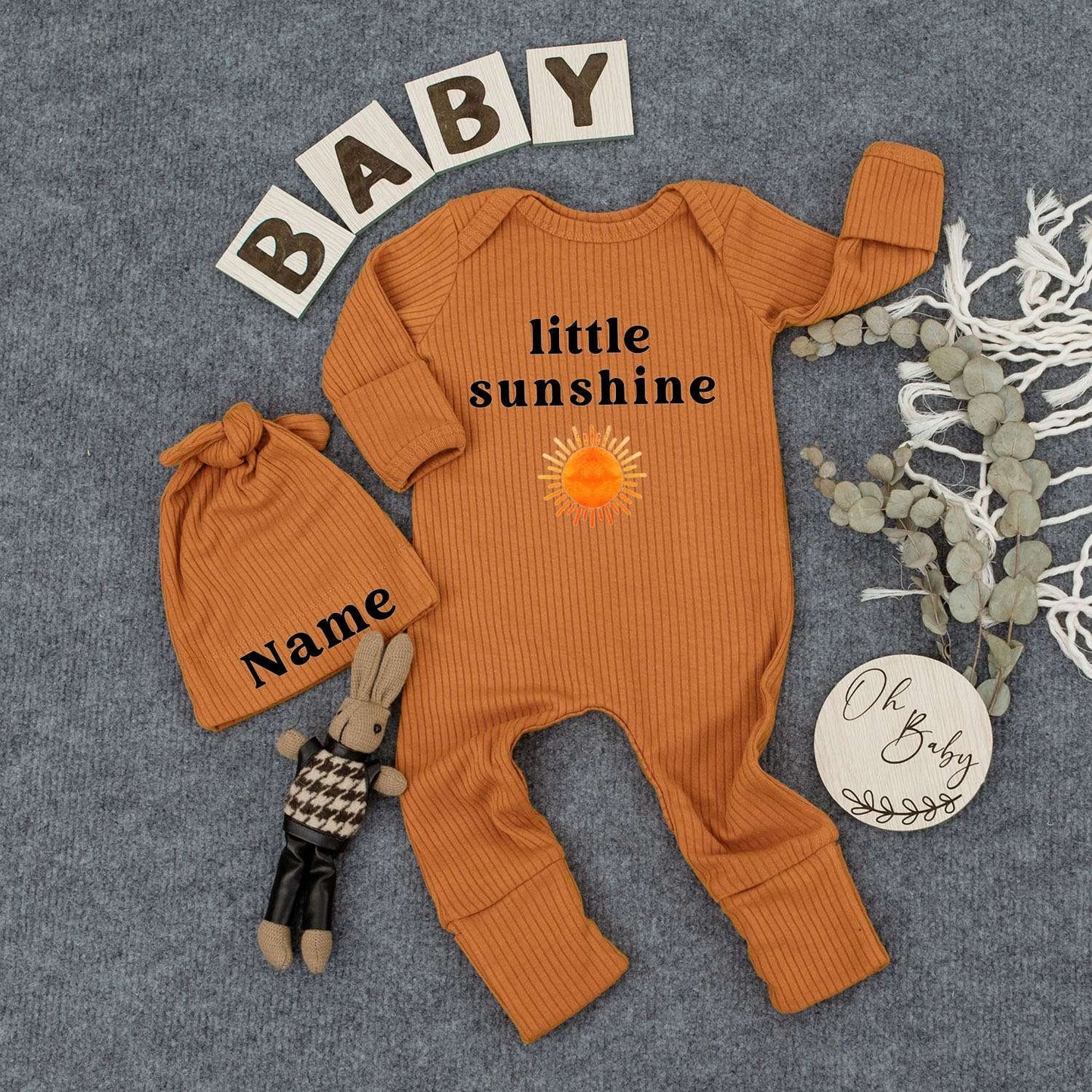 Personalized Little Sunshine Baby Bodysuit Hat Set Newborn Boy New Mom Gift Modern Minimalist Boho Infant Outfit with Orange Yellow Sun Design