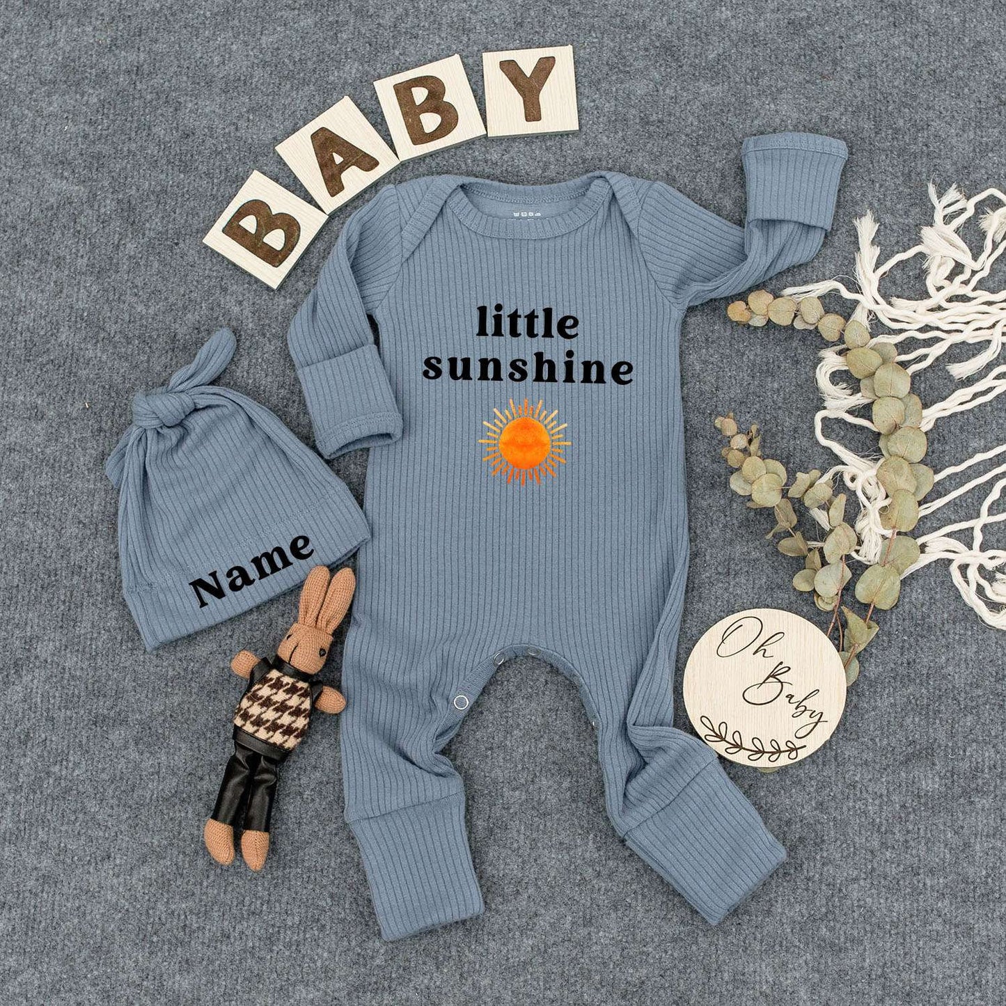 Personalized Little Sunshine Baby Bodysuit Hat Set Newborn Boy New Mom Gift Modern Minimalist Boho Infant Outfit with Orange Yellow Sun Design