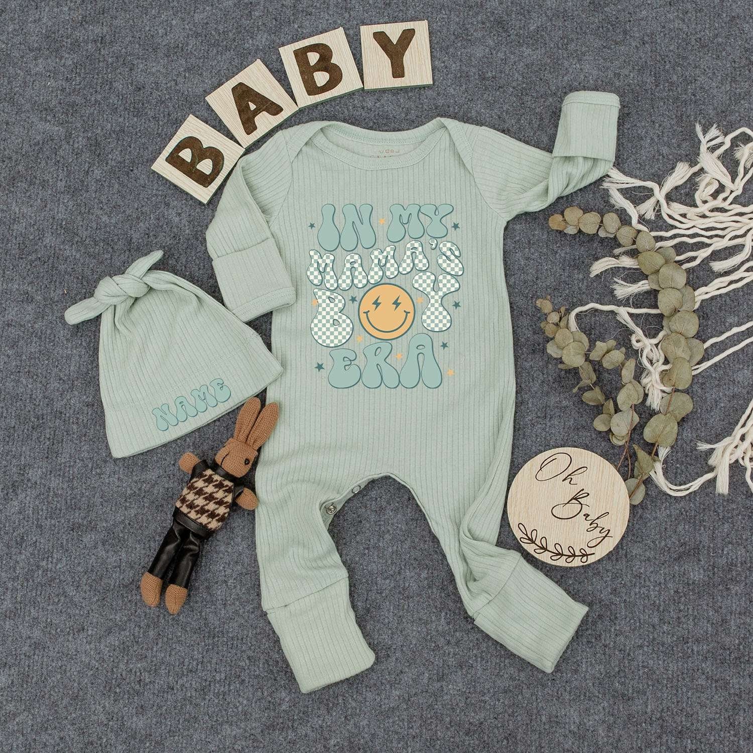 Personalized In My Mama's Boy Era Baby Bodysuit Hat Set Cute Retro Smiley Face Newborn Outfit Light Blue Checkerboard Pattern Soft Cotton