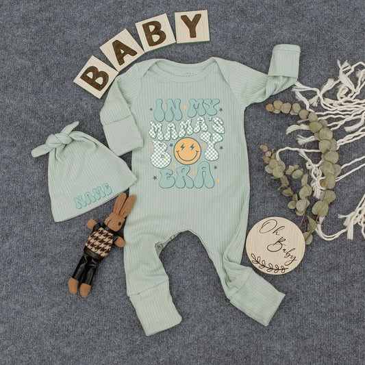 Personalized In My Mama's Boy Era Baby Bodysuit Hat Set Cute Retro Smiley Face Newborn Outfit Light Blue Checkerboard Pattern Soft Cotton