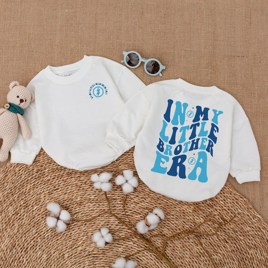 In My Little Brother Era Romper Baby Boy Retro Wavy Blue Text Star Bodysuit Newborn Bubble Outfit Lil Brother Shower Gift