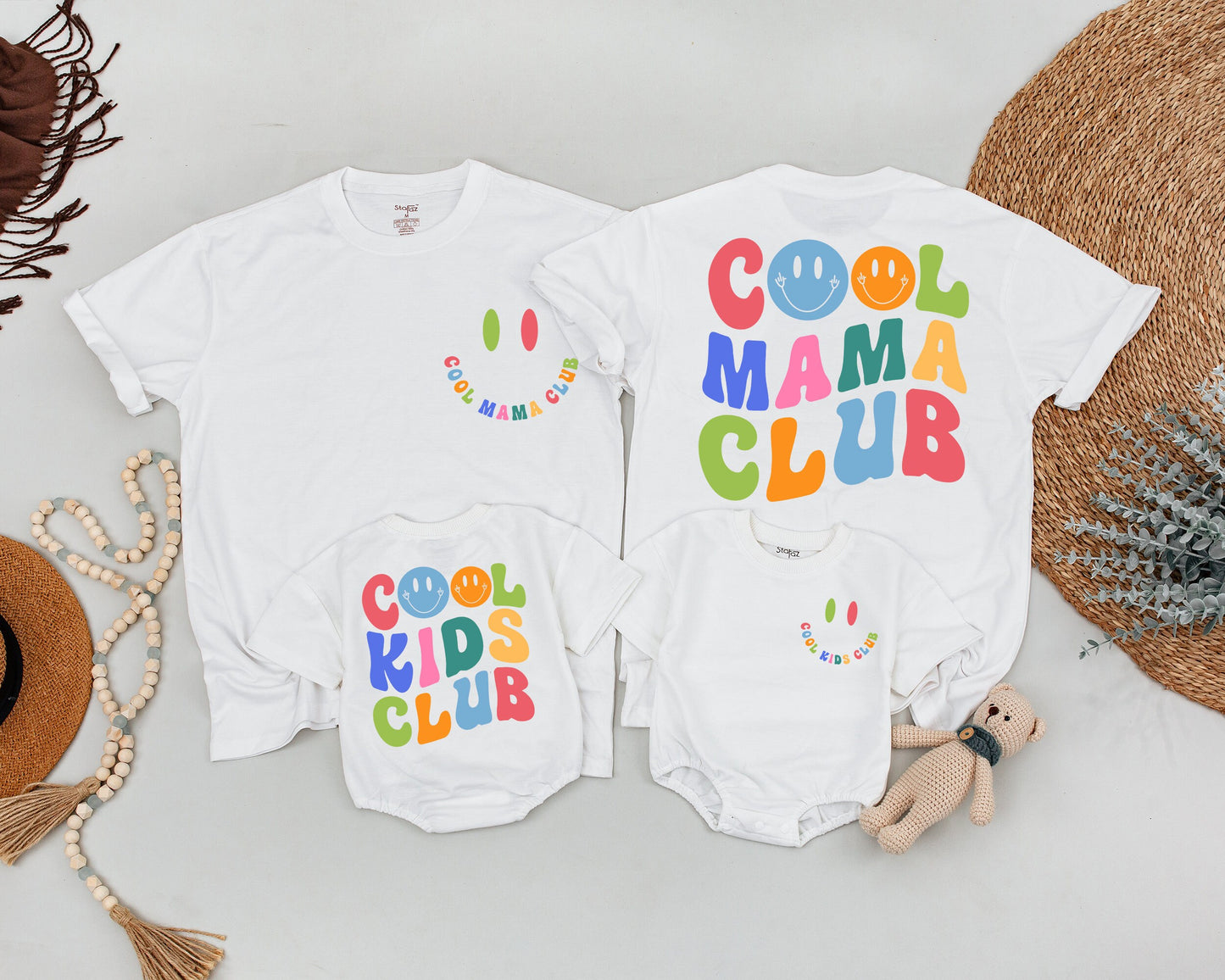 Personalized Cool Auntie Club Matching Shirt with Baby Outfit retro colorful smiley face design two-sided comfy cotton gift for auntie