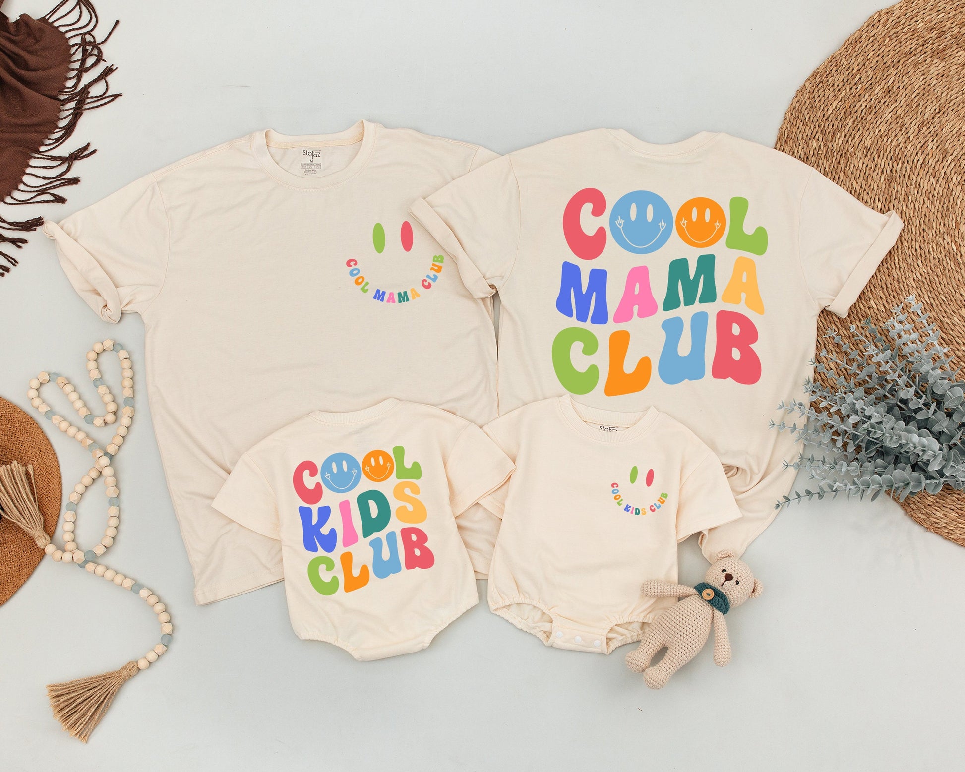 Personalized Cool Auntie Club Matching Shirt with Baby Outfit retro colorful smiley face design two-sided comfy cotton gift for auntie