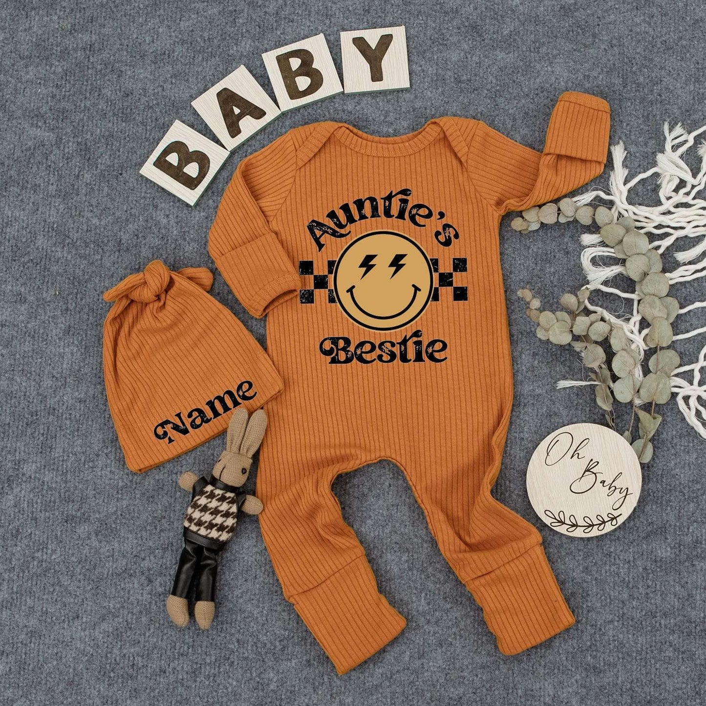 Personalized Auntie's Bestie Baby Romper and Hat Set featuring Smiley Face Lightning Bolts Checkered Pattern Newborn Outfit Gift for Boy Girl