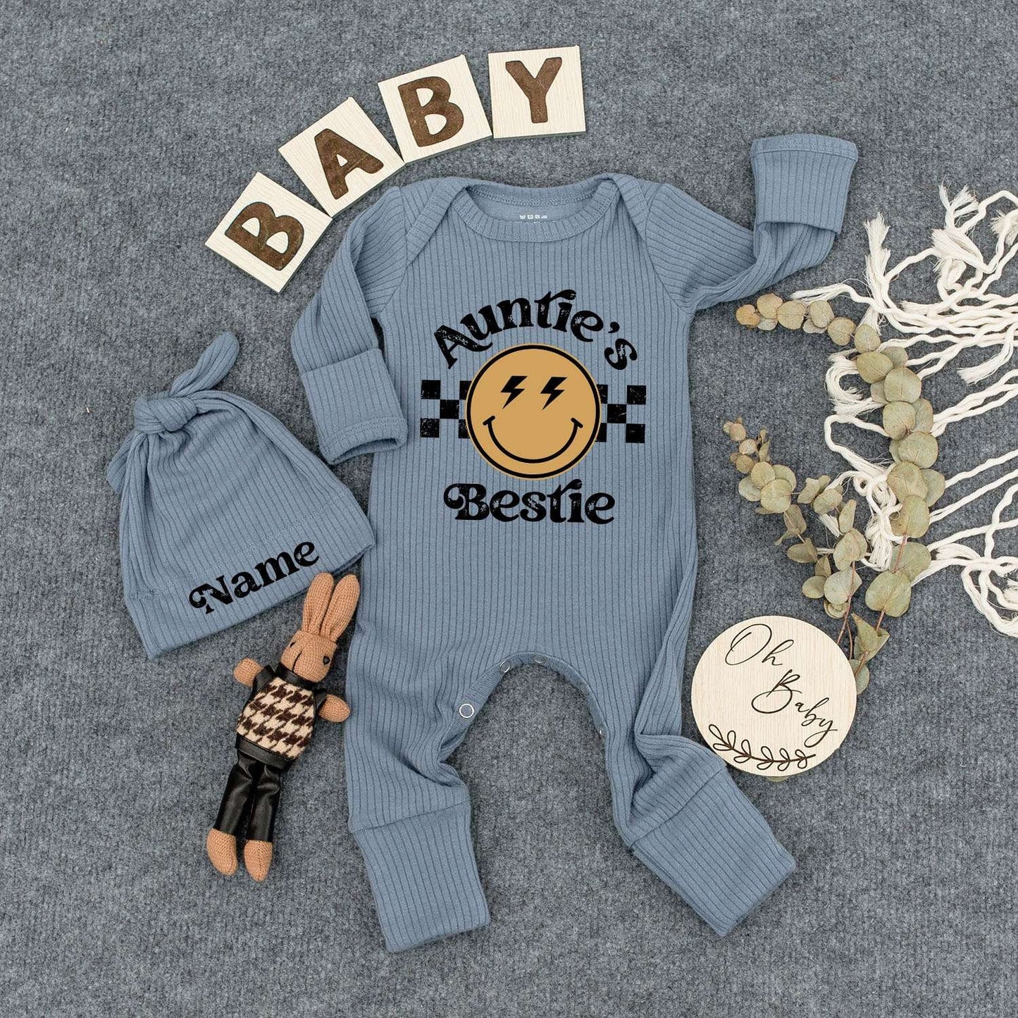 Personalized Auntie's Bestie Baby Romper and Hat Set featuring Smiley Face Lightning Bolts Checkered Pattern Newborn Outfit Gift for Boy Girl