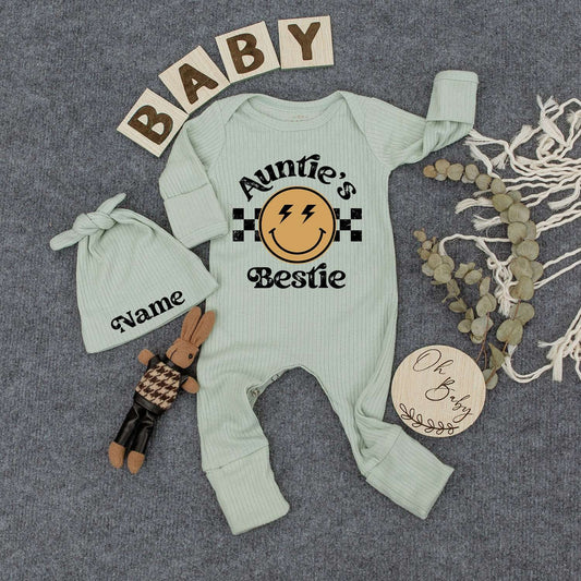 Personalized Auntie's Bestie Baby Romper and Hat Set featuring Smiley Face Lightning Bolts Checkered Pattern Newborn Outfit Gift for Boy Girl