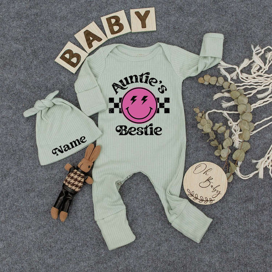 Auntie's Bestie Custom Newborn Girl Bodysuit & Hat Set with Pink Smiley Face Lightning Eyes Checkered Retro Cute Playful Baby Shower Gift Outfit