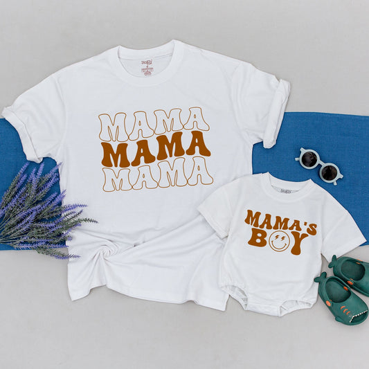 Mommy and Me Retro Mama's Boy Shirts for Mom and Son, Vintage Style Warm Brown Puffed Font Tees with Smiley Lightning Eyes, Neutral Baby Shower Gift