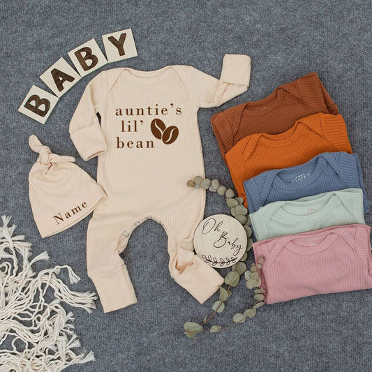 Personalized Auntie's Lil Bean Newborn Baby Bodysuit and Hat Set for Girl or Boy, Cute Brown Coffee Bean Design Sleepsuit Outfit Romper