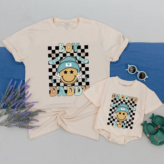 Matching Daddy Son Retro Smiley Face Shirts, Checkered Skateboards & Lightning Bolt Boy Daddy & Daddy's Boy Tees, Father's Day Gift for New Dads