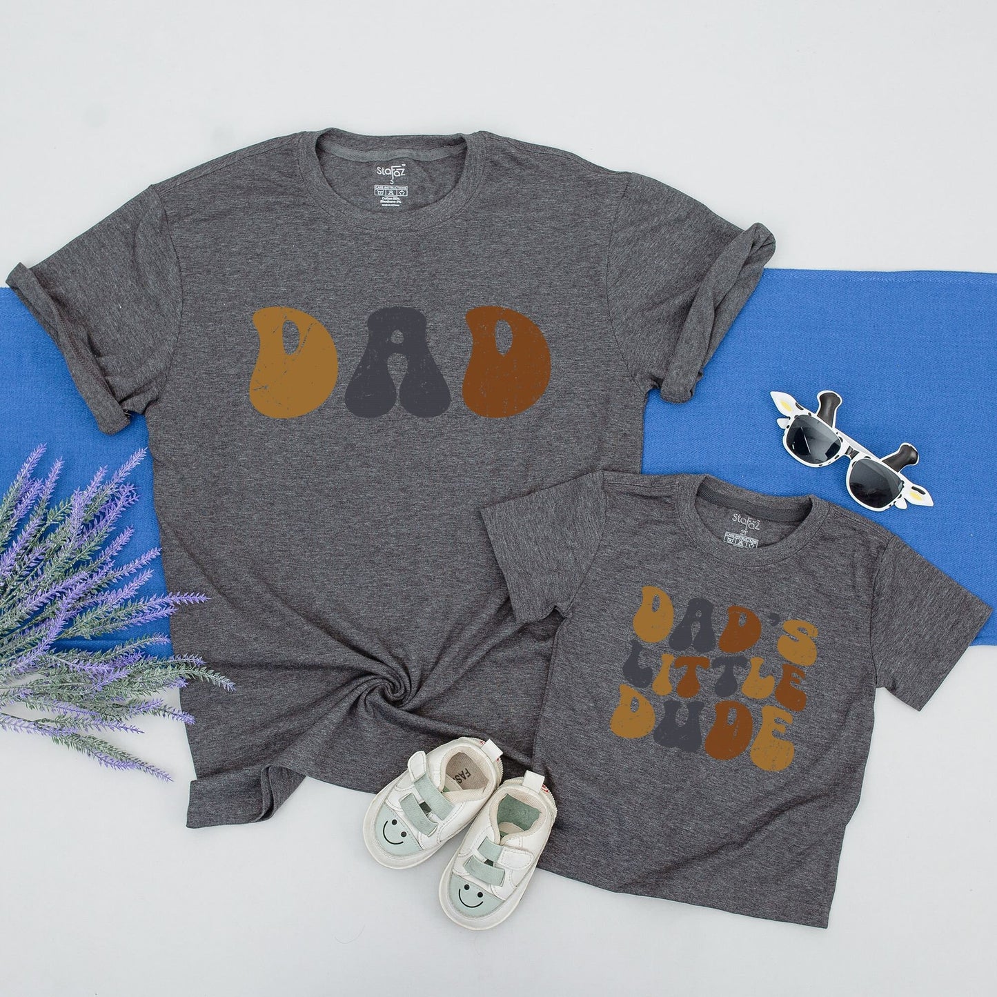 Retro Dad and Son Matching Shirts Dad's Little Dude Father's Day Gift for New Dads Vintage Tan Gray Brown Design Comfy Baby Bodysuit