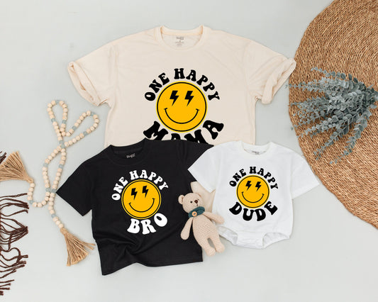One Happy Dude Birthday Shirt Matching Family Outfits Yellow Smiley Face Lightning Eyes First Birthday Boy Dad Mama Sis Fun Retro Style