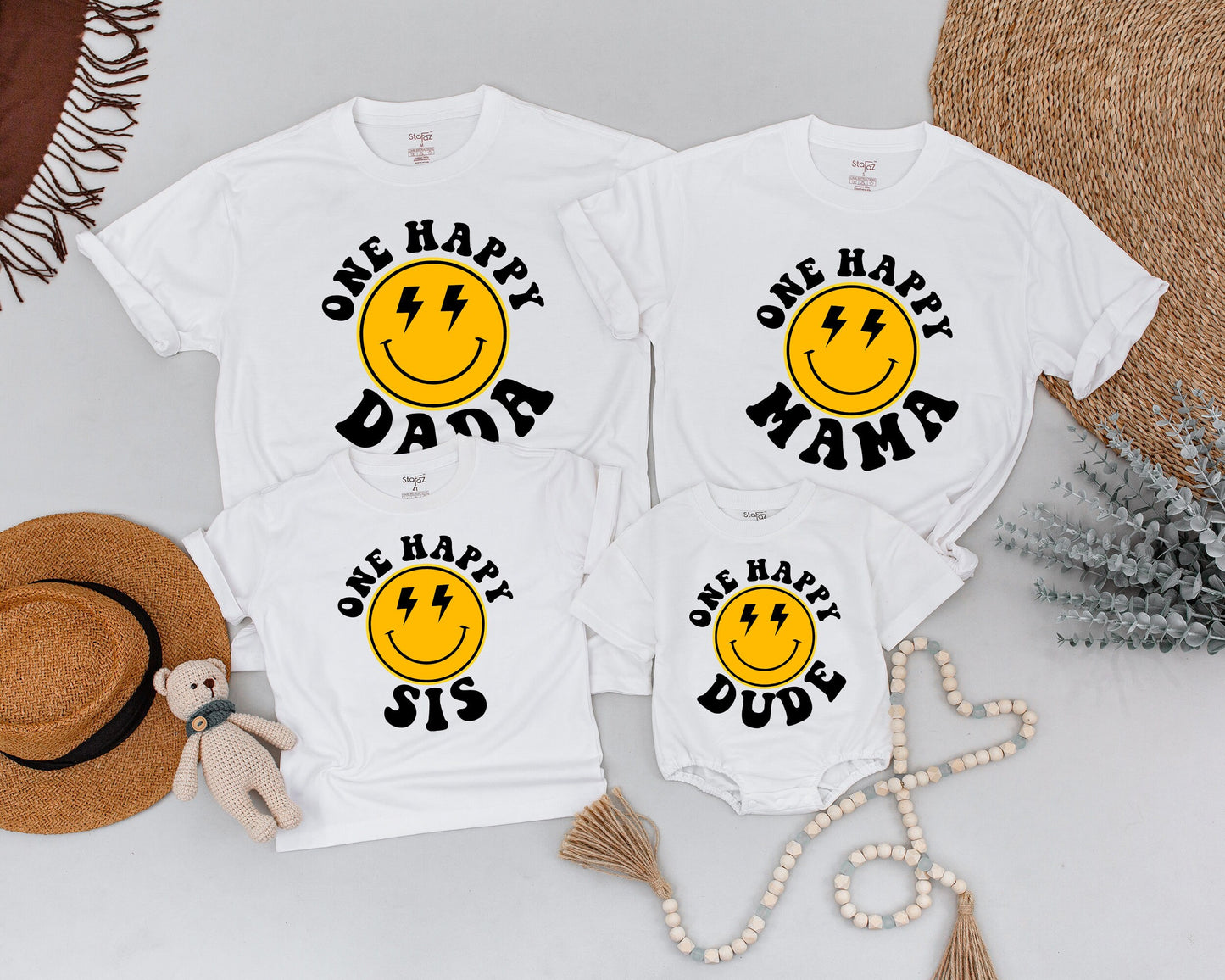 One Happy Dude Birthday Shirt Matching Family Outfits Yellow Smiley Face Lightning Eyes First Birthday Boy Dad Mama Sis Fun Retro Style
