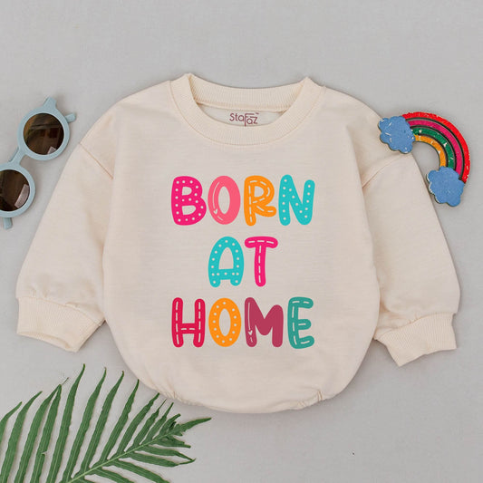 Born at Home Romper for Newborn Homebirth Water Birth Announcement Rainbow Colorful Dots Lines Fun Whimsical Natural Birth Baby Girl Boy Gift