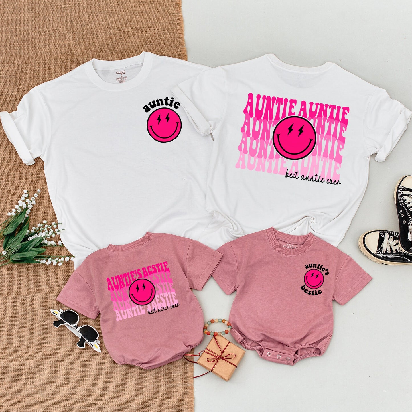 Personalized Auntie's Bestie Matching Outfit Modern Pink Smiley Face Baby Romper Cool Aunt Niece Shirt Newborn Girl Shower Gift Fun Aesthetic
