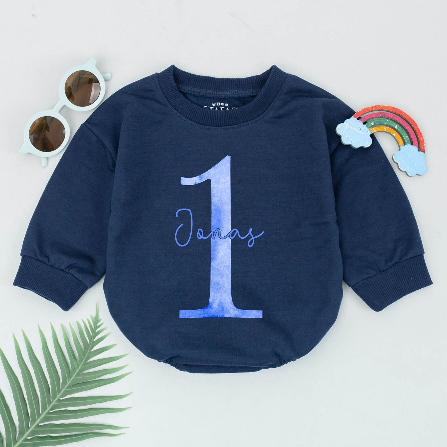 Personalized First Birthday Boy Romper Light Blue Watercolor One Design Custom Name Playful Modern Infant Bubble Bodysuit Outfit Gift