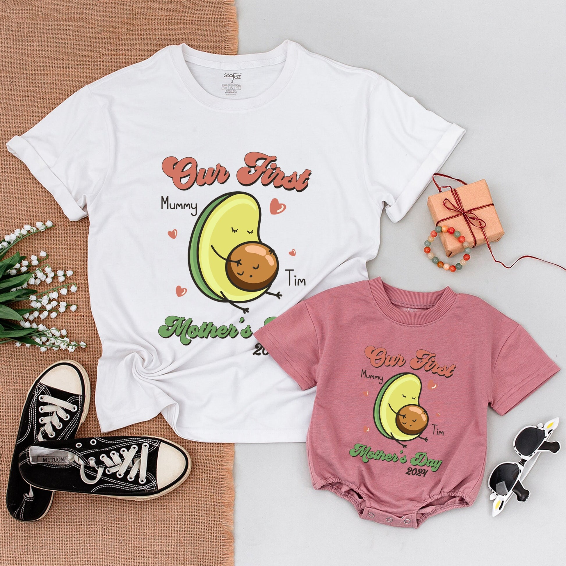 Our First Mother's Day Matching Avocado Shirt with Baby Face Pit Design, Cute Mommy and Me Outfit for New Moms 2024 Celebration