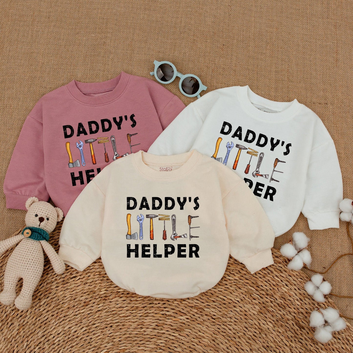 Daddy's Little Helper Romper Father's Day Bodysuit Baby Boy Infant Outfit with Hand Tools Playful Rustic Baby Shower Gift Coming Home Announcement