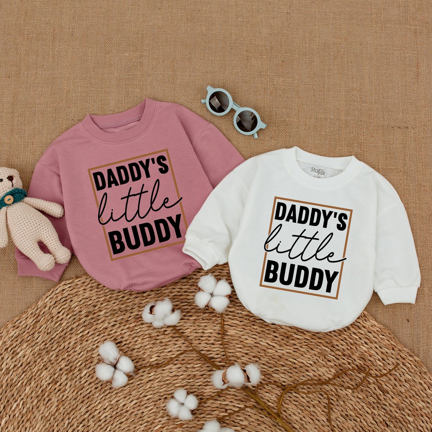 Daddy's Little Buddy Baby Boy Romper Bodysuit, Father's Day Newborn Outfit, Adorable Baby Shower Gift with Modern Brown Frame Design
