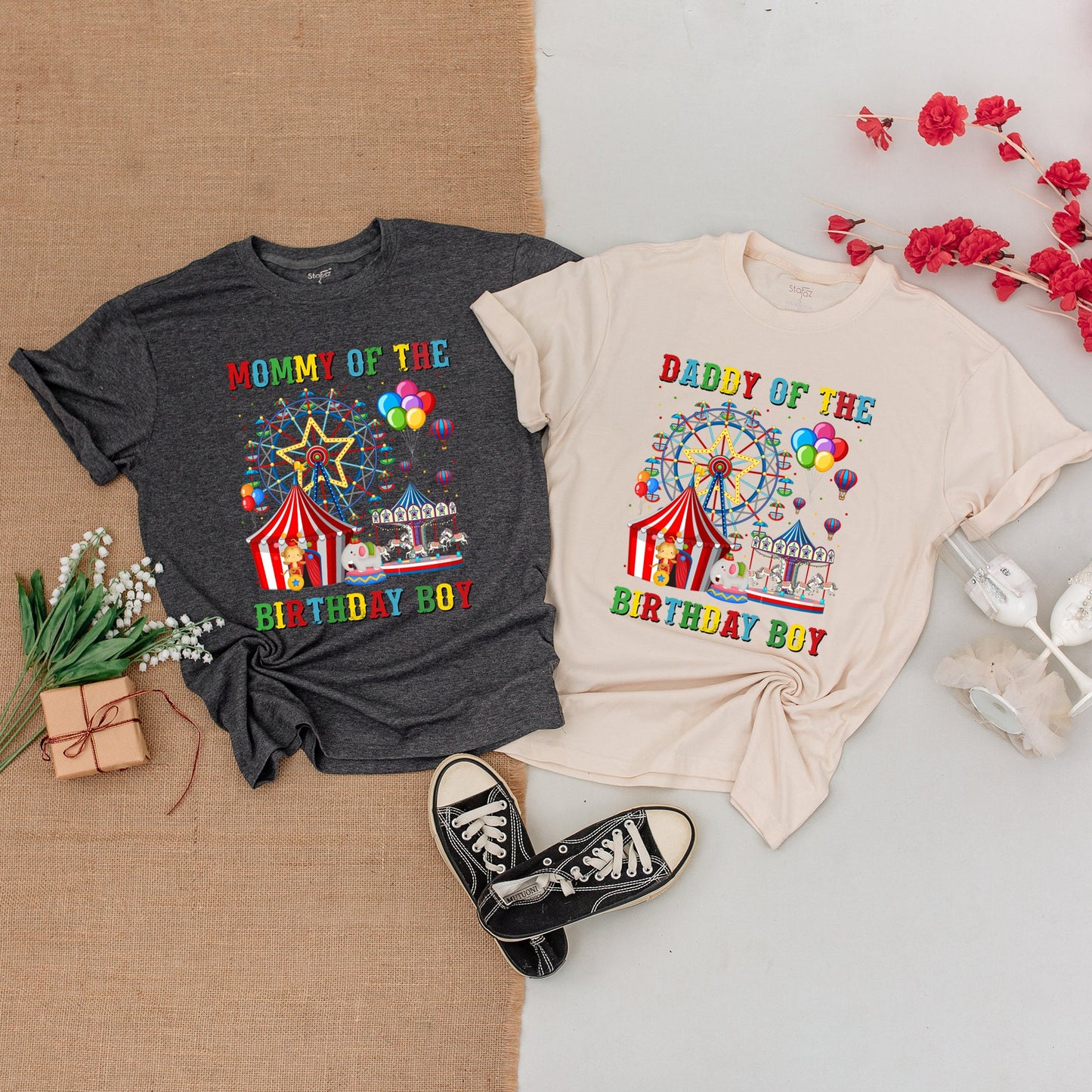 Personalized Carnival Family Birthday Shirts Mommy Daddy Sister 1st Birthday Boy Whimsical Circus Tent Balloons Ferris Wheel Bodysuit Crew Outfit